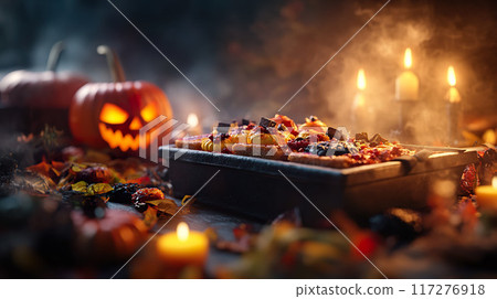 Spooky Halloween party with coffin-shaped cakes and chewy treats 117276918