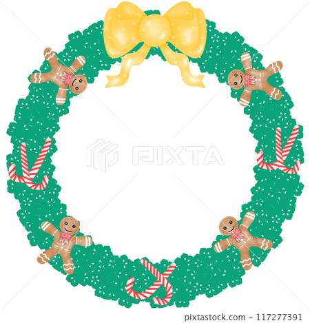 Christmas Wreath decorated with cute bows, flowers, balls, and candy canes Christmas Wreath decorated with cute bows, flowers, balls, and candy canes 117277391