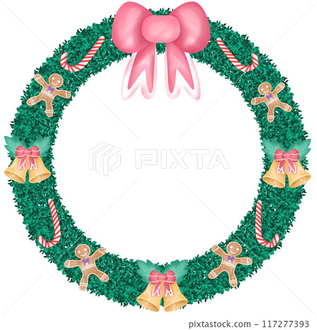 Christmas Wreath decorated with cute bows, flowers, balls, and candy canes 117277393