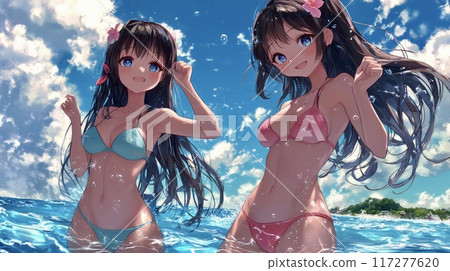 Two cute girls having fun at the beach 117277620