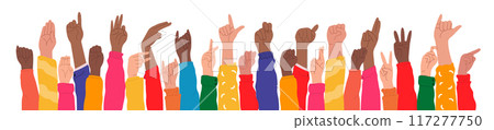 Set of hands in doodle style isolated human arms. Hands raised up demonstrate American sign language alphabet. vector illustration for ASL education poster, card, brochure, canvas, website, books Set of hands in doodle style isolated human arms. Hands raised up demonstrate American sign language alphabet. vector illustration for ASL education poster, card, brochure, canvas, website, books 117277750