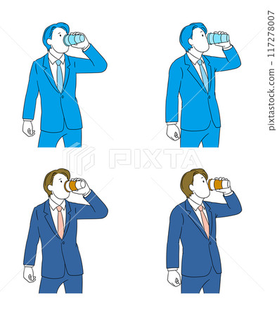 Illustration of a business person (male) drinking a cup of coffee Illustration of a business person (male) drinking a cup of coffee 117278007