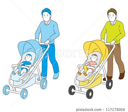 父親推著嬰兒車帶著寶寶出門插畫素材 117278008