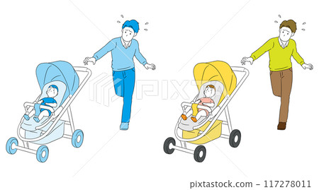 危險！一名父親在嬰兒車離開他手中後追趕嬰兒車的插畫素材 117278011