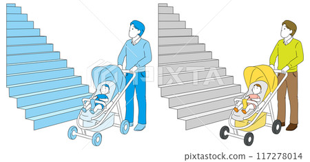 一位父親帶著嬰兒和嬰兒車外出時抬頭看著樓梯的插畫素材 一位父親帶著嬰兒和嬰兒車外出時抬頭看著樓梯的插畫素材 117278014