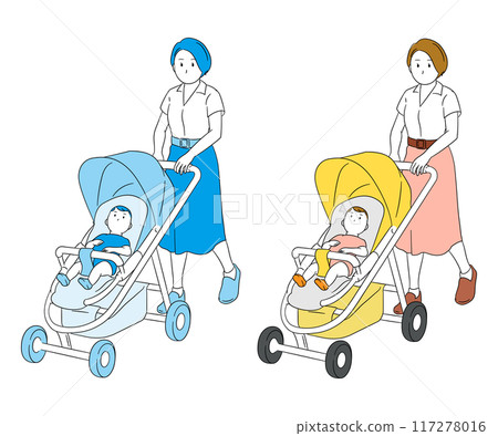 Illustration material of a mother pushing a stroller and going out with her baby 117278016