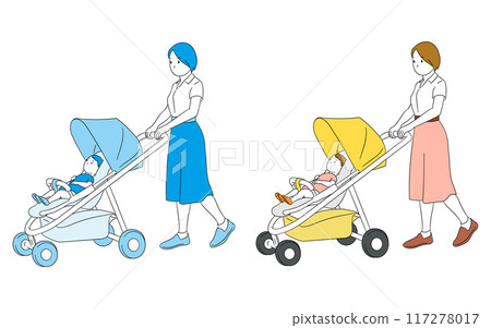 媽媽推著嬰兒車帶著寶寶出門插畫素材 117278017