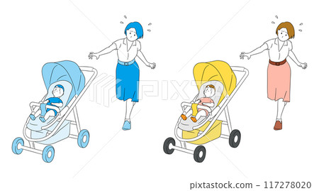 危險！一位母親在嬰兒車離開她的手後追趕它的插畫素材 117278020