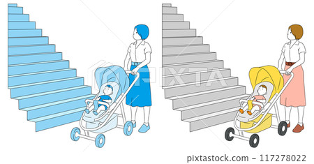 Illustration material of a mother looking up at the stairs while out with her baby and stroller Illustration material of a mother looking up at the stairs while out with her baby and stroller 117278022