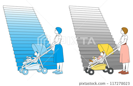 一位母親推著嬰兒車外出時抬頭看著樓梯的插畫素材 117278023