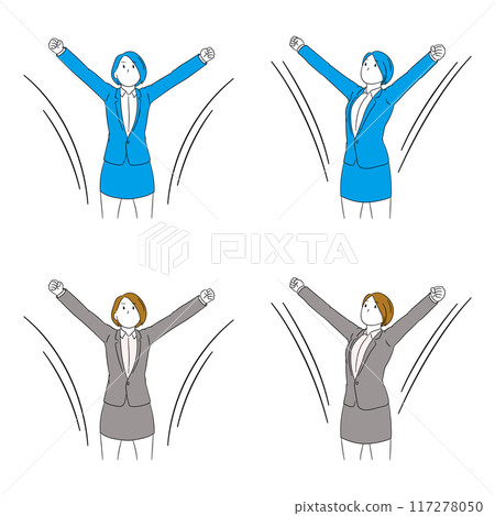 Illustration of a business person (female) with both hands spread wide and clenching a fist 117278050