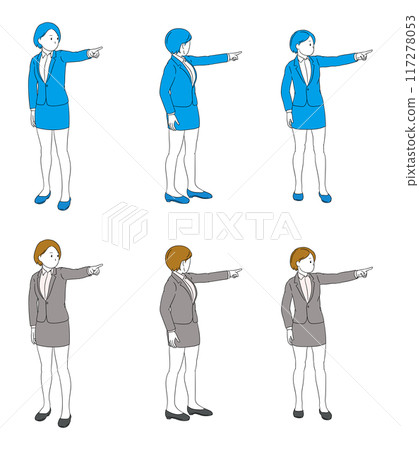 Illustration of a business person (female) pointing at the front Illustration of a business person (female) pointing at the front 117278053