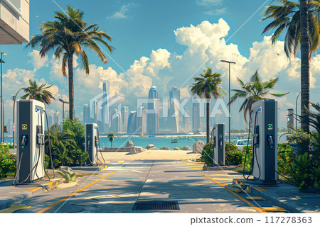 Electric vehicle charging stations at tourist attractions. Skyline in background. AI Generated. 117278363