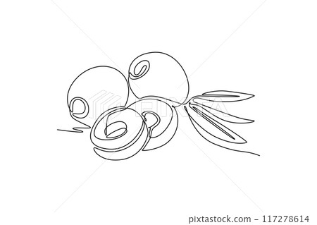 Single one line drawing of pile healthy organic olive fruit for orchard logo identity. Freshness core ingredients concept for fruit icon. Modern continuous line draw design graphic vector illustration 117278614