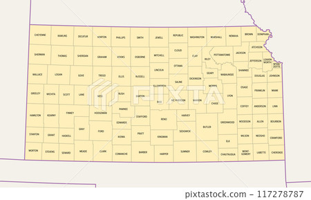 Kansas, U.S. state subdivided into 105 counties, political map with borders and county names. State in the Midwestern region of the United States, nicknamed The Sunflower State, and The Wheat State. 117278787
