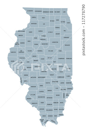 Illinois, U.S. state subdivided into 102 counties, gray political map with borders and county names. State in the Midwestern region of USA. Land of Lincoln, Prairie State, and The Inland Empire State. 117278790