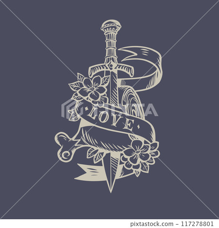 The sword pierces a piece of meat with the inscription love. Prestigious restaurant with selected menu and food. Stylish medieval symbol of love for delicious food. 117278801