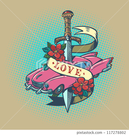 A sword pierces a car with the inscription love. A prestigious car dealership for drivers of vintage cars. Stylish presentation of your car rental services. 117278802
