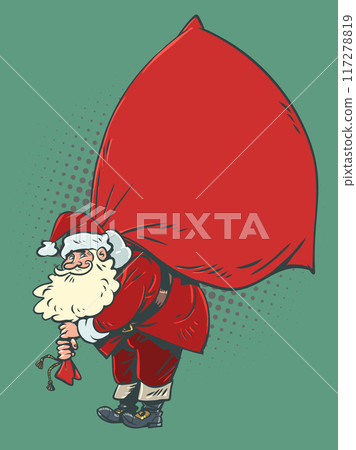 Santa Claus carries a bag of gifts. The upcoming new year holiday and santa costume. Delivery of purchases for customers. 117278819