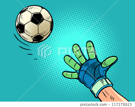 The goalkeeper's hand tries to catch the soccer ball. Football sporting events. Catch the ball and succeed. 117278823