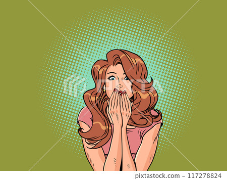 The woman looks at the camera in surprise, covering her mouth with her hands. Shock from a profitable offer for customers. The girl is slightly frightened. The woman looks at the camera in surprise, covering her mouth with her hands. Shock from a profitable offer for customers. The girl is slightly frightened. 117278824