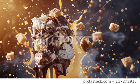 Ice cream on a stick exploding with huge chunks of chocolate, caramel sauce and marshmellos 117278915