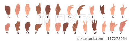 Sign Language. Set of hands in doodle style isolated human arms. vector illustration for ASL education poster, card, brochure, canvas, website, books Sign Language. Set of hands in doodle style isolated human arms. vector illustration for ASL education poster, card, brochure, canvas, website, books 117278964