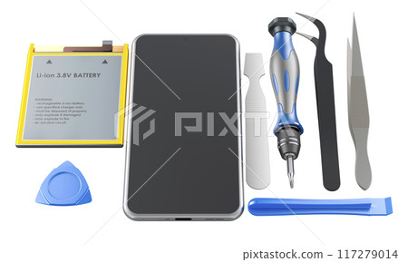 Cell Phone Repair Service, concept. Smartphone with Professional Repair Tool Kit for Electronics. 3D rendering Cell Phone Repair Service, concept. Smartphone with Professional Repair Tool Kit for Electronics. 3D rendering 117279014