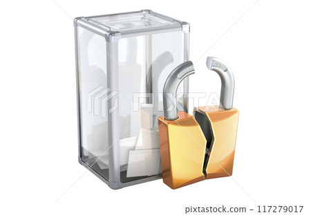 Election ballot box with broken padlock. Election Hacking, concept. 3D rendering 117279017