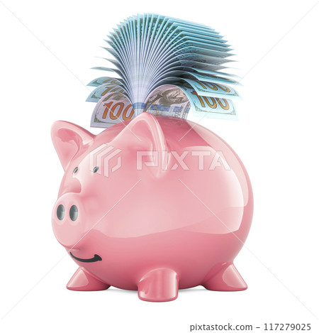 Piggy bank with dollar bills, 3D rendering 117279025