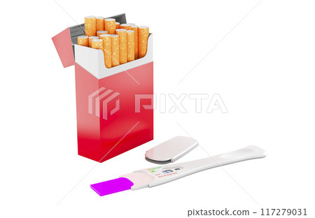 Smoking During Pregnancy, concept. Pack of Cigarettes with pregnancy test positive, 3D rendering Smoking During Pregnancy, concept. Pack of Cigarettes with pregnancy test positive, 3D rendering 117279031