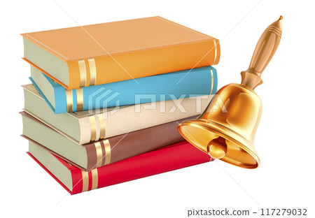Stack of books with Hand Bell. Back to School, concept. 3D rendering Stack of books with Hand Bell. Back to School, concept. 3D rendering 117279032