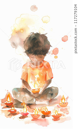 Boy holding traditional diya oil lamps during diwali festival of lights celebration 117279104