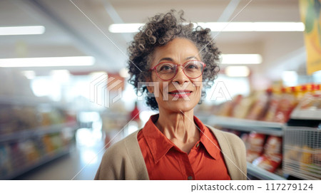 Smiling middle age POC woman with curly hair in grocery store aisle, shopping experience 117279124