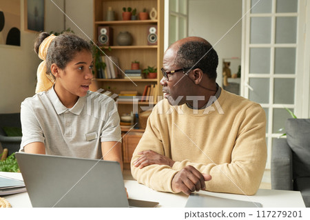Two colleagues engaging in conversation over laptop during collaborative work session. Office has bookshelves and gadgets in background providing a professional environment 117279201