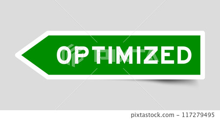 Green color arrow shape sticker label with word optimized on gray background Green color arrow shape sticker label with word optimized on gray background 117279495