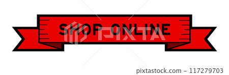 Ribbon label banner with word shop online in red color on white background 117279703