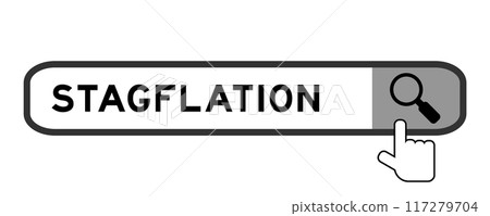 Search banner in word staflation with hand over magnifier icon on white background 117279704