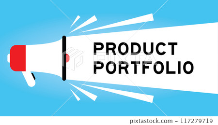 Color megaphone icon with word product portfolio in white banner on blue background 117279719