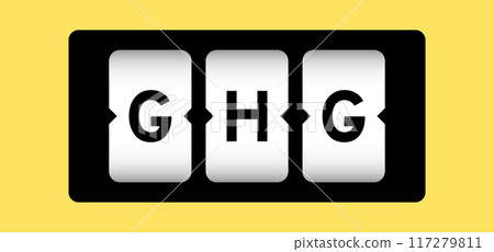 Black color in word GHG (Abbreviation of greenhouse gas) on slot banner with yellow color background Black color in word GHG (Abbreviation of greenhouse gas) on slot banner with yellow color background 117279811