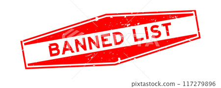 Grunge red banned list word hexagon rubber seal stamp on white background 117279896