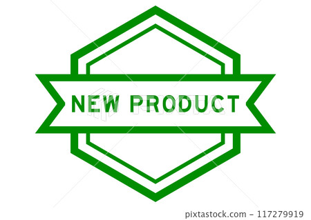 Vintage green color hexagon label banner with word new product on white background 117279919
