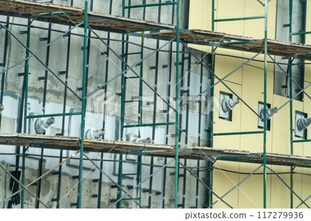 A building under construction with scaffolding and a lot of birds 117279936