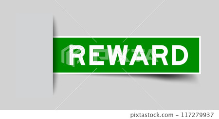 Green color square label sticker with word reward that inserted in gray background 117279937