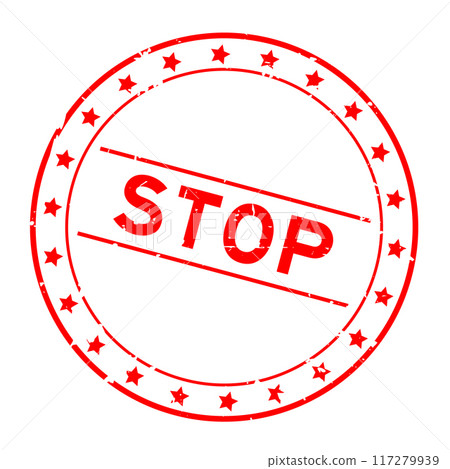 Grunge red stop word round rubber seal stamp on white background Grunge red stop word round rubber seal stamp on white background 117279939