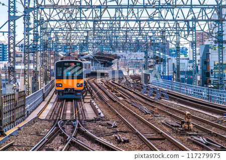 Kawasaki cityscape in Japan: discomfort index 86...view of trains and other things from the Futako Tamagawa side... Kawasaki cityscape in Japan: discomfort index 86...view of trains and other things from the Futako Tamagawa side... 117279975