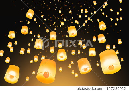 Sky lanterns flying into the night sky 117280022