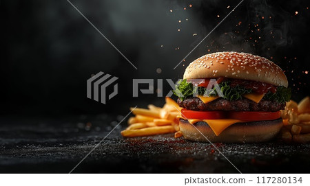 Cheese burger - American cheese burger with Golden French fries on black background, copy space 117280134