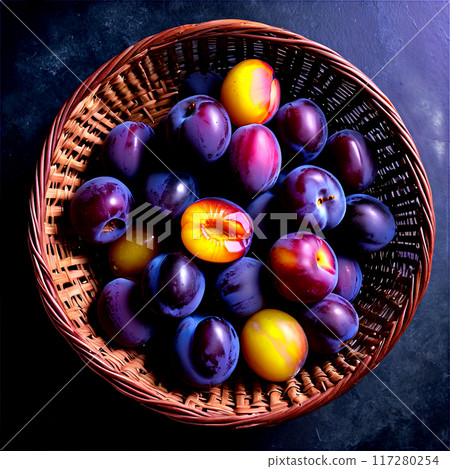 Plums deep purple piled in a woven basket top down view 117280254