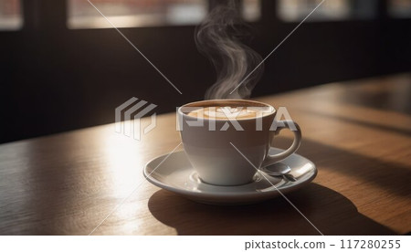 Cafe hot cup of coffee on a saucer on a dark background, casting a thin shadow. Bokeh in the background. 117280255